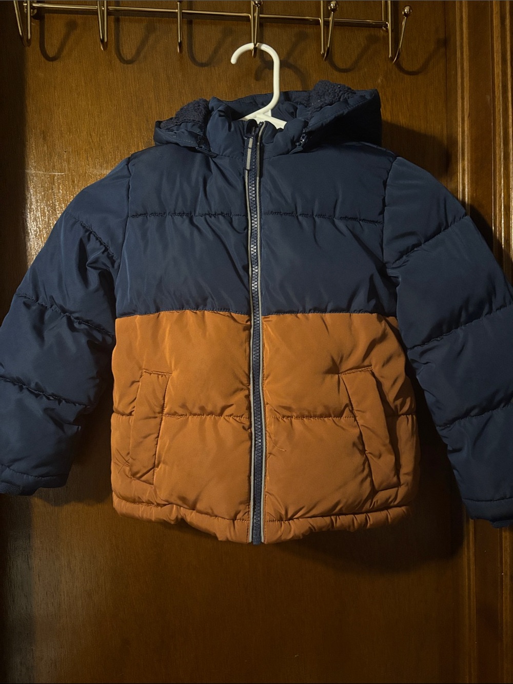Colorblock Puffer Jacket in Navy and Rust